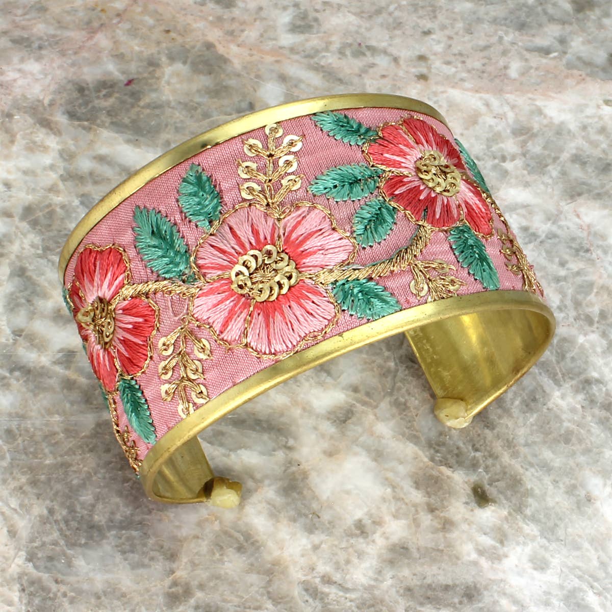 Vintage Soft Pink Floral Embordered Cuff Bracelet