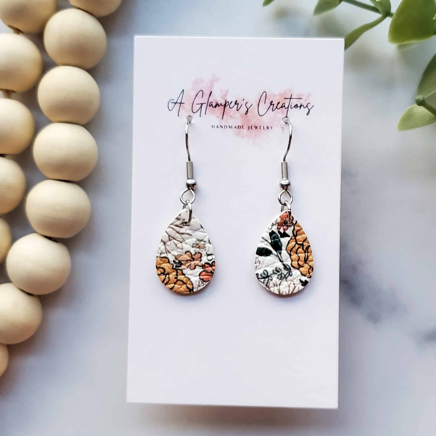 Floral Mini Teardrop Leather Earrings