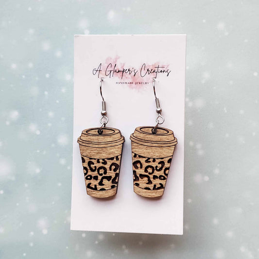 Coffee Cup Earrings - Wooden Leopard Print