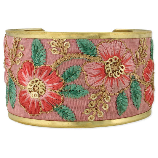 Vintage Soft Pink Floral Embordered Cuff Bracelet