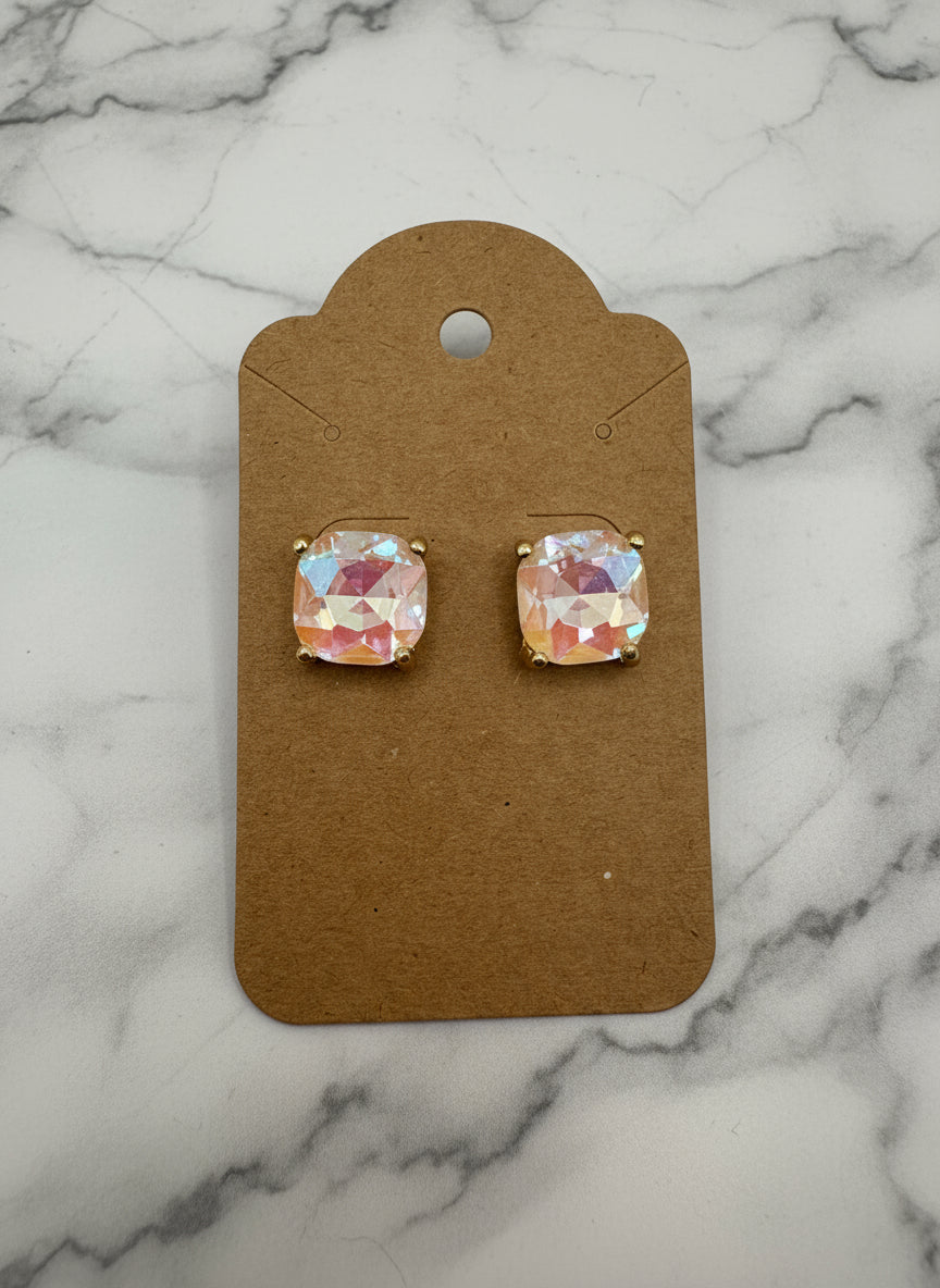 Cushion Square Stone Stud Earrings - Multiple Colors