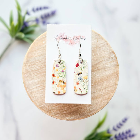 Bees & Flowers Mini Bar Leather Earrings
